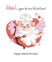 Cupid Sheep Valentines Day Card Flat Style Design. vector