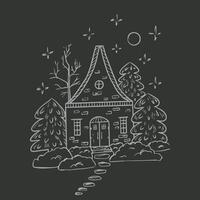 Christmas card with cute winter house with fir trees and snowdrifts. Sketch illustration on gray background vector