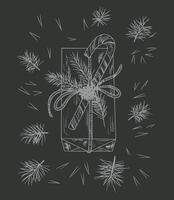 Easy sketch of gift box with Christmas tree branches and candy cane. New Year greeting card design vector