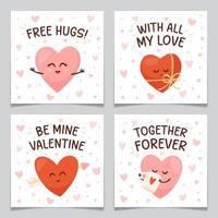 Happy Heart Characters Valentines Card Design Set. vector