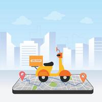 Delivery service motorcycle on map. Online app tracking, city background vector