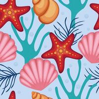 Starfish, seashells and shell Seamless pattern on blue background vector