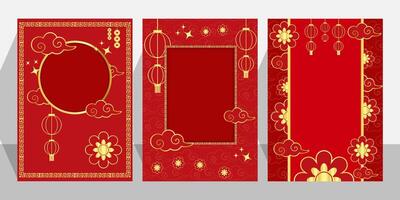 chinese new year banner or poster templates set with red and gold decorations and copy space vector