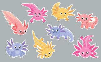 Axolotl sticker set. Cute hand drawn axolotls vector
