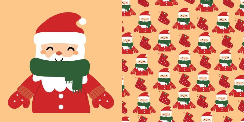 Christmas cute santa claus card and cute santa claus cartoon pattern, cute christmas and winter wallpaper for fabric prints, gift wrapping paper