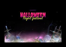 Cute funny Halloween illustration with graves and crosses. Holiday invitation with place for text. Background from realistic 3d banner in cartoon style vector