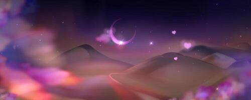 Fantastic night landscape with crescent moon and pink clouds. Desert. A beautiful, colorful, and romantic scene of a mountain range with a pink and purple sky is filled with stars vector