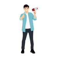 Young positive businessman standing and making announcement with speaker megaphone for attention. vector