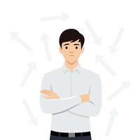 Business man is confused and suffers from confusing thoughts due to difficulty of choosing strategy. vector