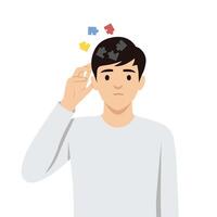 Man with confused thoughts unable to think clearly for decision. vector