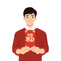 Man Holding Red Envelope, Traditional Celebration, China, Happy Chinese New Year. vector