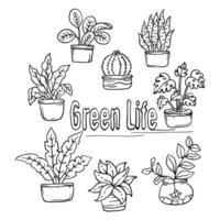 Hand drawing style of plants in pot set vector
