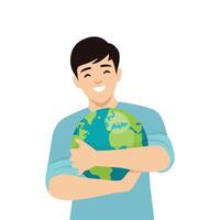Happy man hugging globe. vector