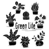 Hand drawing style of plants in pot set vector
