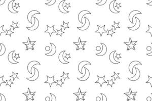 Black and white seamless celestial pattern featuring stars, moons, and circular shapes, perfect for childrens coloring activities. vector