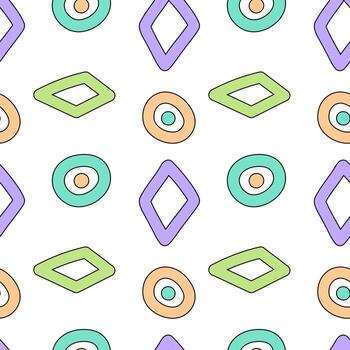 Seamless pattern with colorful diamonds and circles, featuring a playful and modern geometric design. vector