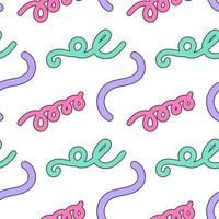 Seamless pattern of colorful doodles and swirls in pink, green, and purple on a white background. vector