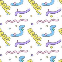 Vibrant seamless pattern featuring wavy lines, spirals, and dots in pastel colors on a white background. vector