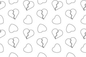 Seamless black and white pattern with broken and whole hearts, designed for coloring activities and crafts. vector