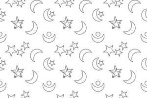Seamless black and white pattern featuring stars, moons, and celestial symbols, ideal for childrens coloring projects. vector