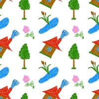 Playful seamless pattern with hand-drawn houses, trees, ponds, and flowers on a white background, perfect for kids designs. vector