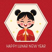 A sparkly illustration of a cute girl with space buns in red Chinese New Year clothes, hands clasped in a greeting pose. She wishes a happy Lunar New Year with festive joy and charm vector
