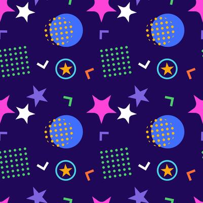 Vibrant seamless pattern featuring stars, circles, dots, and geometric shapes on a dark background.