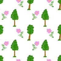 Charming seamless pattern featuring hand-drawn green trees and pink flowers on a white background, perfect for kids designs. vector