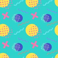 Bright and colorful seamless pattern featuring circles, crosses, waves, and dotted textures on a turquoise background. vector
