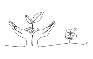 Continuous single line sketch drawing of hand holding earth globe tree save world environment. vector