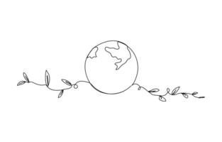 World environment day Hands holding Earth globe with plant in one continuous line drawing. vector