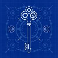 concept of engineering technology or architecture idea, graphic of key shape combined with cog wheel on blueprint element vector