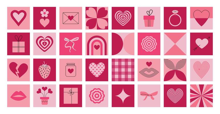 Valentine's day pink tiles background. Abstract geometric pattern with romantic symbols. Mosaic. Y2k glamour banner. 2000s. Girly doll mood. Hearts, bows, shapes. backdrop, cover, card.