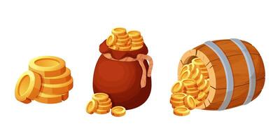 Set wooden barrel with treasure gold coins, old bag, sack isolated on white background. Ui game asset. Detailed, textured object. Container retro. vector