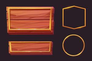 Golden frame wooden plank game medieval menu, user interface shiny border. Empty borders in medieval style, fantasy decoration different shapes isolated on dark background. vector