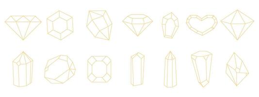 Crystal gemstone gold thin line polygon stone, contour gem, polyhedron. Elegant outline geometric quartz, jewel. Mineral linear icon. vector