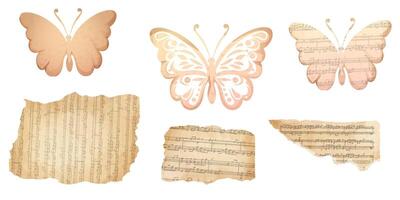 Set Butterfly silhouette papercut from parchment with music vintage decoration scrapbook element isolated on white background. vector