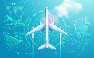 concept of aviation technology or digital twin, graphic of airplane in top view with futuristic interface vector