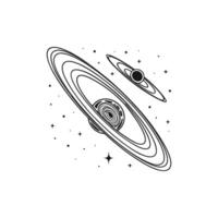 A black and white drawing of a planet and saturn vector