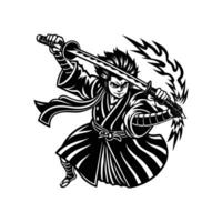 A black and white illustration of a samurai with a sword vector