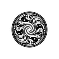 A black and white circular design with swirls vector