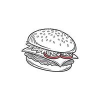 A hamburger is shown in a black and white drawing vector