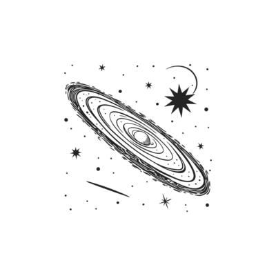 A black and white drawing of a planet and stars