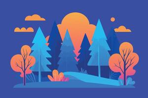 Colorful forest scene with stylized trees and a vibrant sunset. Minimalistic flat design with orange and blue tones. vector