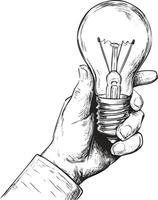 Hand holding a light bulb in detailed black and white illustration. Emphasis on creativity and idea concept. vector