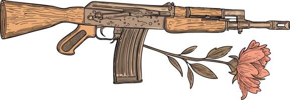AK-47 rifle with a wooden texture and a flower symbolizing peace. vector