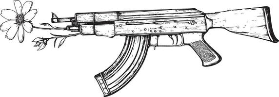 AK-47 rifle with a wooden texture and a flower symbolizing peace. vector