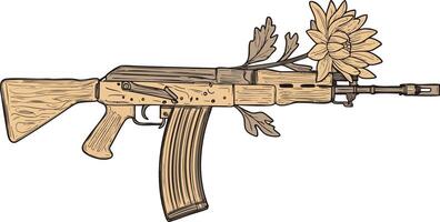 AK-47 rifle with a wooden texture and a flower symbolizing peace. vector