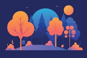 Colorful forest scene with stylized trees and a vibrant sunset. Minimalistic flat design with orange and blue tones. vector