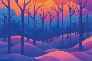 Colorful forest scene with stylized trees and a vibrant sunset. Minimalistic flat design with orange and blue tones. vector